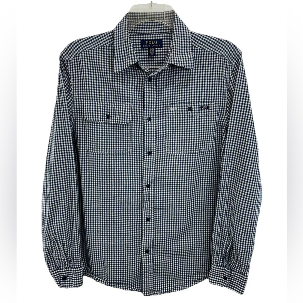 Polo Ralph Lauren Boys Button Down Shirt XL 18-20 Dark Blue White Check Cotton